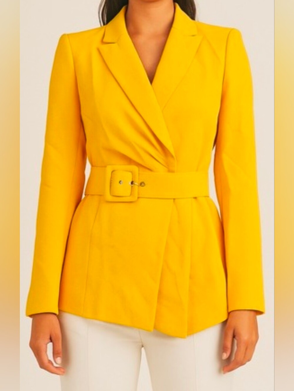 Tahari ASL Women's Belted Asymmetrical Draped Blazer Size 2 Yellow Jacket